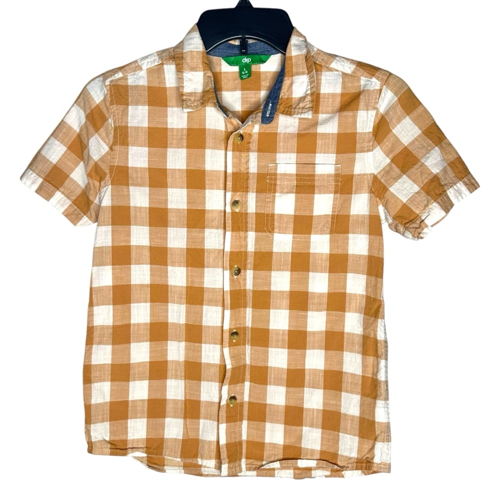 Dip Boys Checkered Button Down Collared Brown and White Shirt, Size 12/14